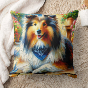 Shetland Sheepdog in Cottage Garden Scene Cushion