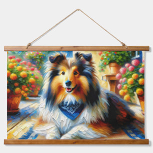 Shetland Sheepdog in Cottage Garden Scene Hanging Tapestry