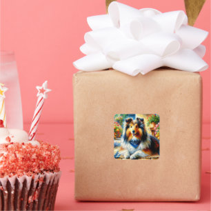 Shetland Sheepdog in Cottage Garden Scene Square Sticker