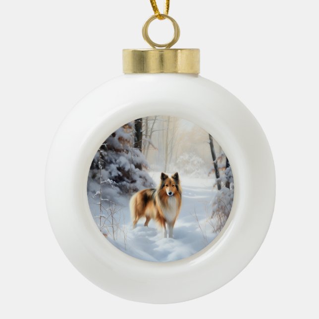 Shetland Sheepdog Let It Snow Christmas Ceramic Ball Christmas Ornament (Front)