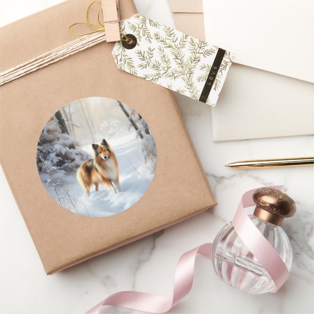 Shetland Sheepdog Let It Snow Christmas Classic Round Sticker (Gifting)