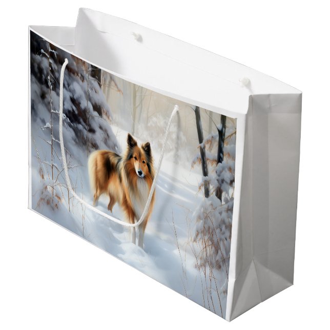 Shetland Sheepdog Let It Snow Christmas Large Gift Bag (Front Angled)