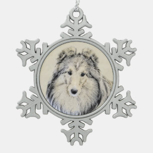Shetland Sheepdog Painting - Cute Original Dog Art Snowflake Pewter Christmas Ornament