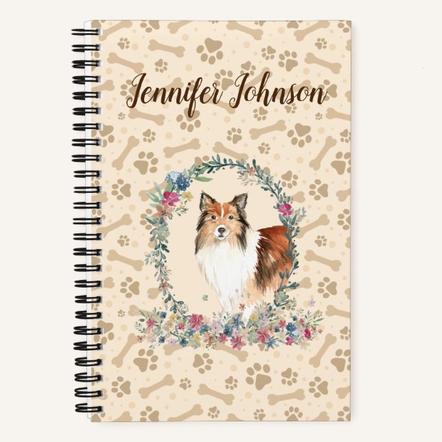 Shetland Sheepdog Paw Print & Floral Cute Notebook (Front)