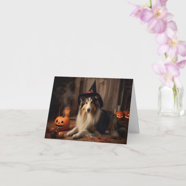 Shetland Sheepdog Pumpkins Halloween Scary  Card (Orchid)
