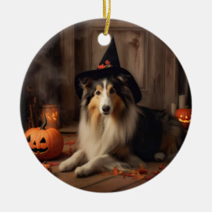 Shetland Sheepdog Pumpkins Halloween Scary Ceramic Tree Decoration