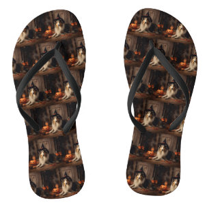 Shetland Sheepdog Pumpkins Halloween Scary Flip Flops