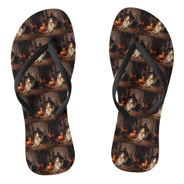 Shetland Sheepdog Pumpkins Halloween Scary  Flip Flops (Footbed)