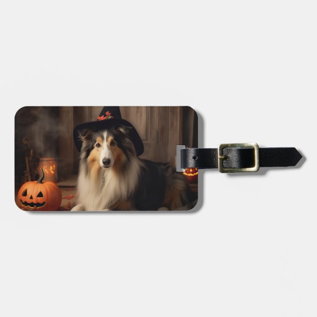 Shetland Sheepdog Pumpkins Halloween Scary  Luggage Tag (Front Horizontal)