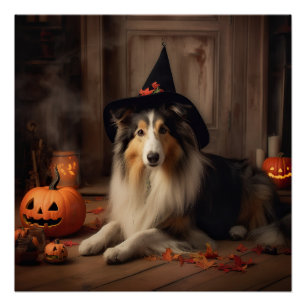 Shetland Sheepdog Pumpkins Halloween Scary Poster