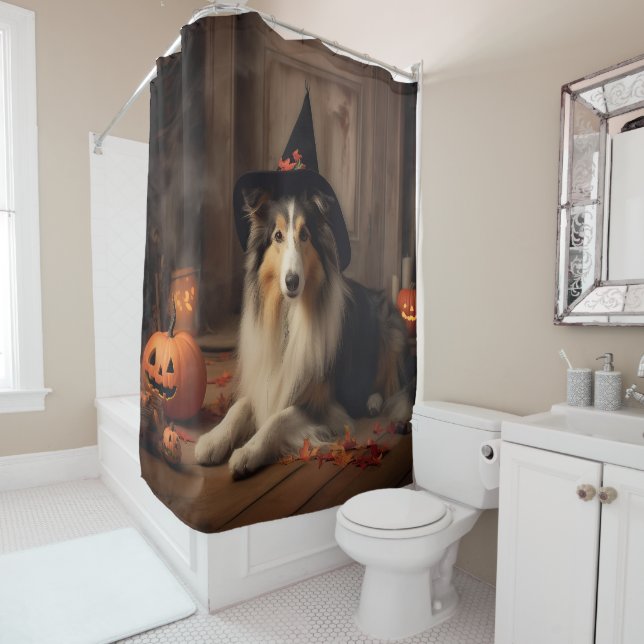 Shetland Sheepdog Pumpkins Halloween Scary  Shower Curtain (In Situ)