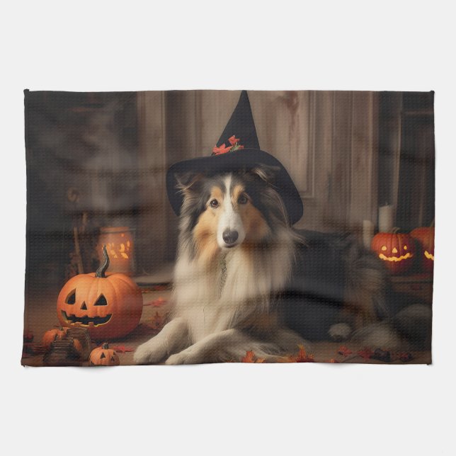 Shetland Sheepdog Pumpkins Halloween Scary  Tea Towel (Horizontal)