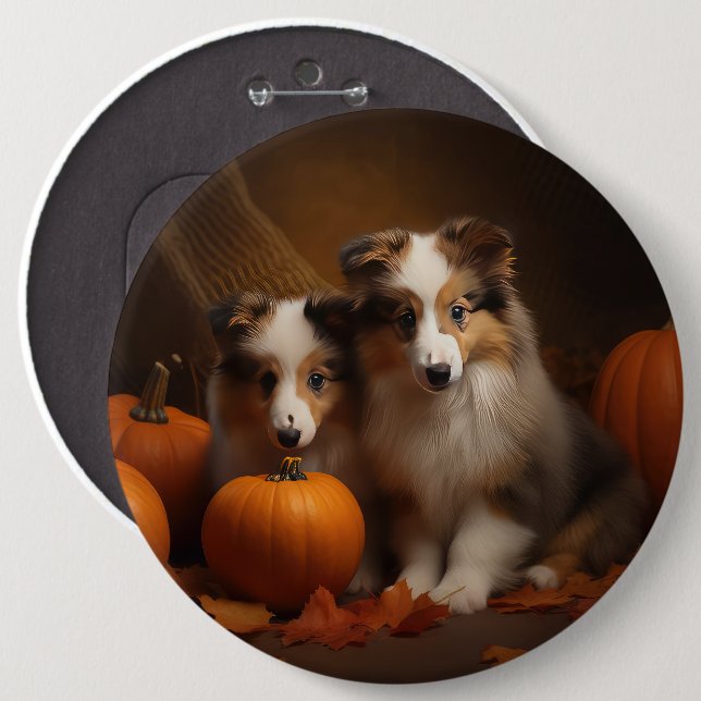 Shetland Sheepdog Puppy Autumn Delight Pumpkin  6 Cm Round Badge (Front & Back)