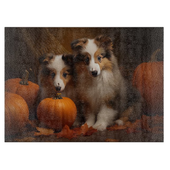 Shetland Sheepdog Puppy Autumn Delight Pumpkin  Cutting Board (Front)