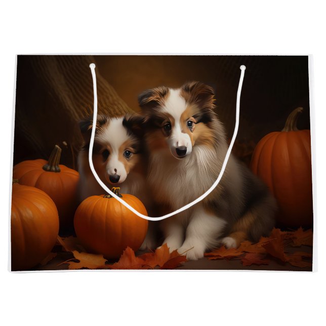 Shetland Sheepdog Puppy Autumn Delight Pumpkin  Large Gift Bag (Front)