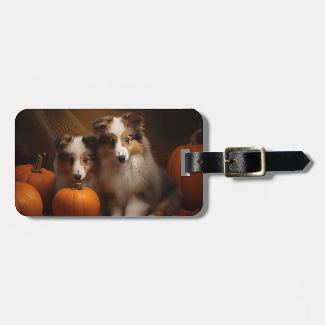 Shetland Sheepdog Puppy Autumn Delight Pumpkin  Luggage Tag (Front Horizontal)