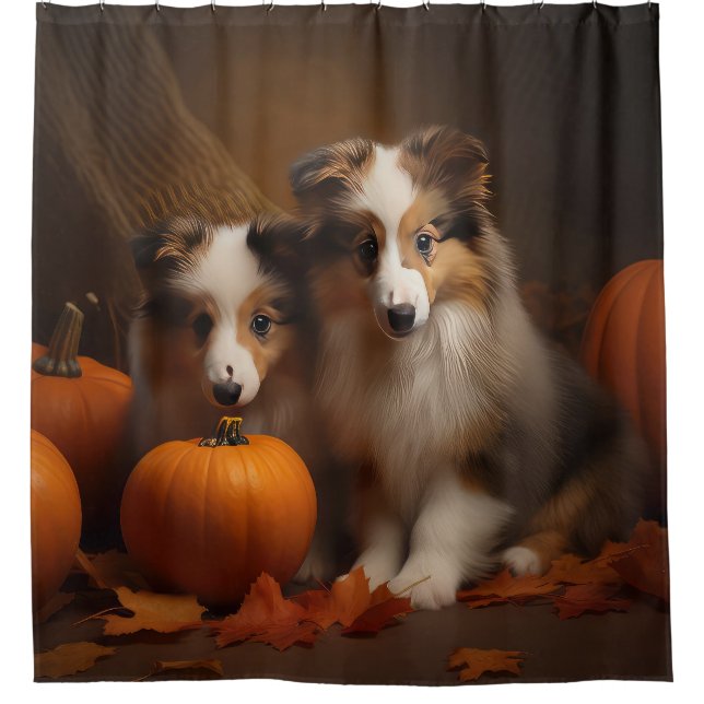 Shetland Sheepdog Puppy Autumn Delight Pumpkin  Shower Curtain (Front)