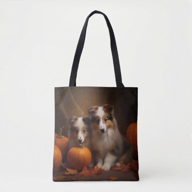 Shetland Sheepdog Puppy Autumn Delight Pumpkin  Tote Bag (Front)