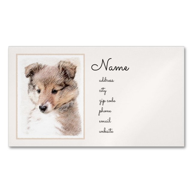 Shetland Sheepdog Puppy Painting Original Dog Art Magnetic Business Card (Front)