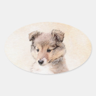 Shetland Sheepdog Puppy Painting Original Dog Art Oval Sticker