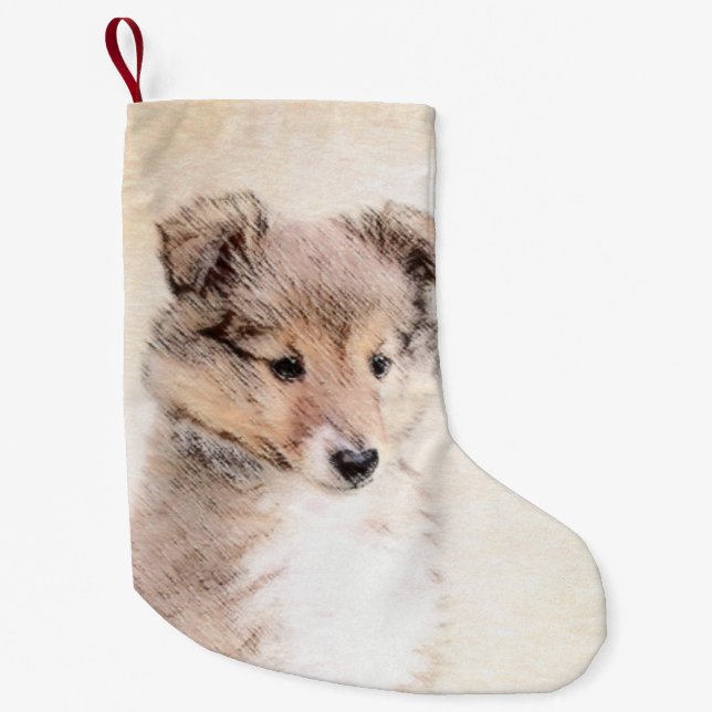 Shetland Sheepdog Puppy Painting Original Dog Art Small Christmas Stocking (Front)
