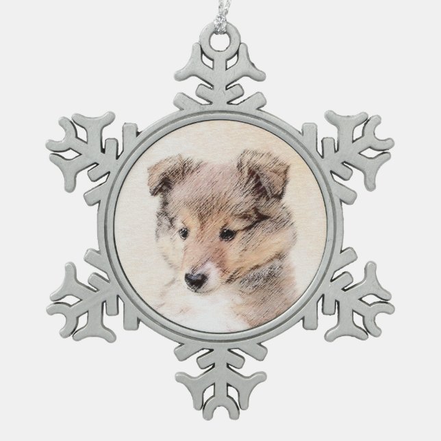 Shetland Sheepdog Puppy Painting Original Dog Art Snowflake Pewter Christmas Ornament (Front)