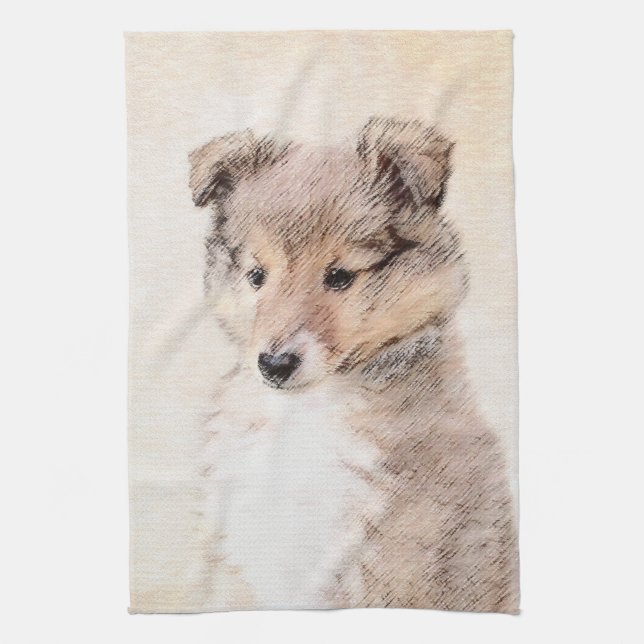 Shetland Sheepdog Puppy Painting Original Dog Art Tea Towel (Vertical)
