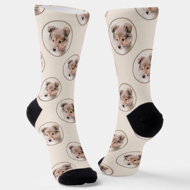 Shetland Sheepdog Puppy Painting Sheltie Dog Art Socks (Angled)