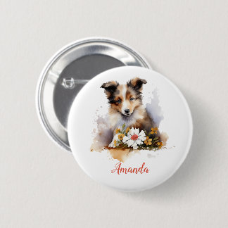 Shetland Sheepdog Puppy Pet Watercolor Flower 6 Cm Round Badge