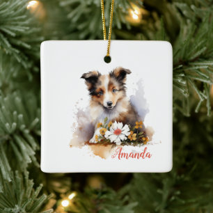 Shetland Sheepdog Puppy Pet Watercolor Flower Ceramic Ornament
