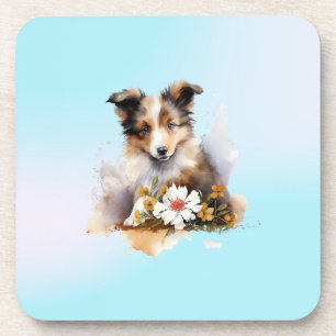 Shetland Sheepdog Puppy Pet Watercolor Flower Coaster