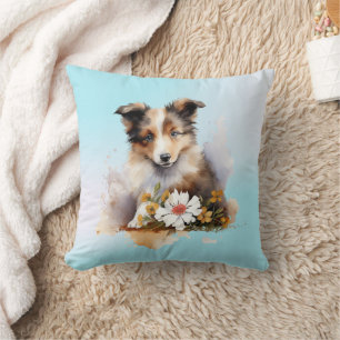 Shetland Sheepdog Puppy Pet Watercolor Flower Cushion