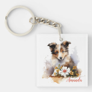 Shetland Sheepdog Puppy Pet Watercolor Flower Key Ring