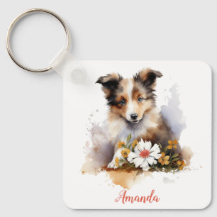 Shetland Sheepdog Puppy Pet Watercolor Flower Key Ring
