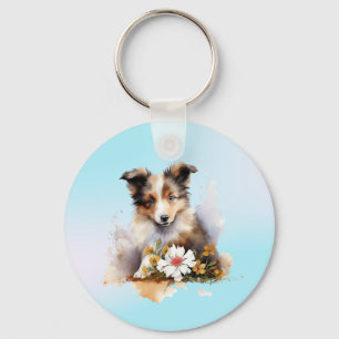 Shetland Sheepdog Puppy Pet Watercolor Flower Key Ring