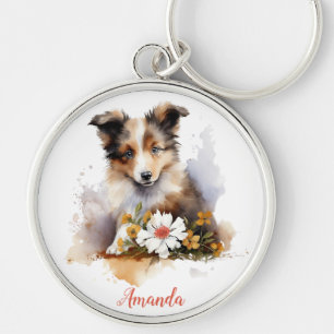 Shetland Sheepdog Puppy Pet Watercolor Flower Key Ring