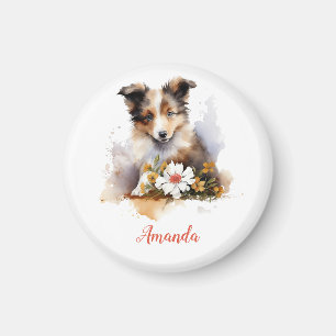 Shetland Sheepdog Puppy Pet Watercolor Flower Magnet