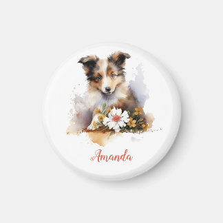 Shetland Sheepdog Puppy Pet Watercolor Flower Magnet