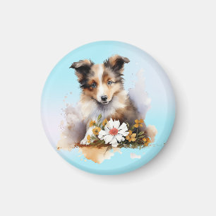 Shetland Sheepdog Puppy Pet Watercolor Flower Magnet