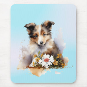 Shetland Sheepdog Puppy Pet Watercolor Flower Mouse Mat