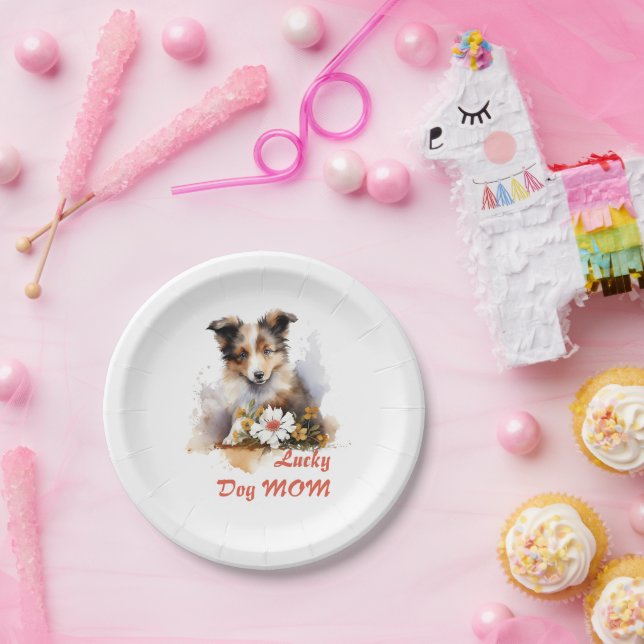 Shetland Sheepdog Puppy Pet Watercolor Flower Paper Plate (Party)