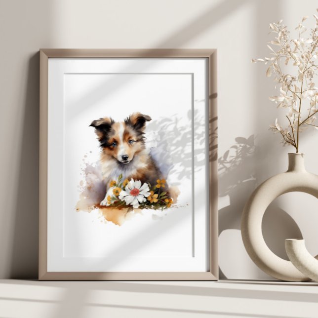Shetland Sheepdog Puppy Pet Watercolor Flower Poster (Creator Uploaded)