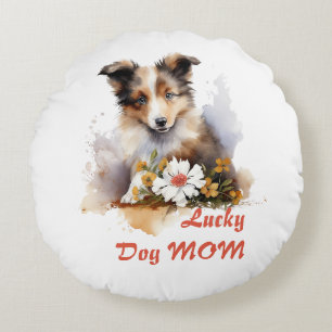 Shetland Sheepdog Puppy Pet Watercolor Flower Round Cushion