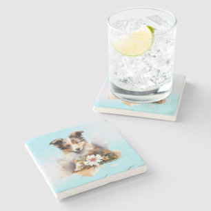 Shetland Sheepdog Puppy Pet Watercolor Flower Stone Coaster