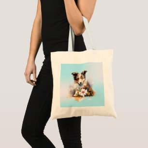 Shetland Sheepdog Puppy Pet Watercolor Flower Tote Bag