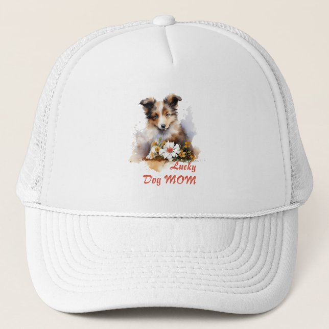 Shetland Sheepdog Puppy Pet Watercolor Flower Trucker Hat (Front)