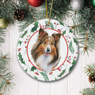 Shetland Sheepdog Red Berry Holly Border Ceramic Ceramic Tree Decoration