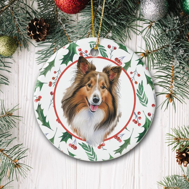Shetland Sheepdog Red Berry Holly Border Ceramic Ceramic Tree Decoration (Creator Uploaded)