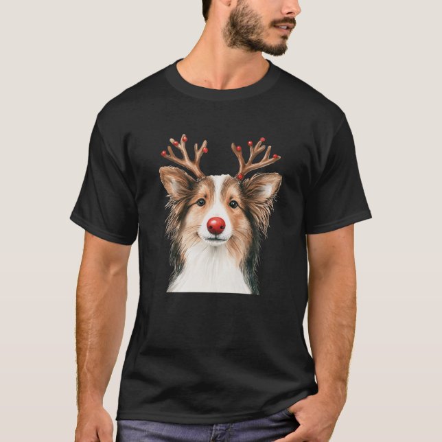 Shetland Sheepdog Reindeer Christmas Lights Dog Lo T-Shirt (Front)