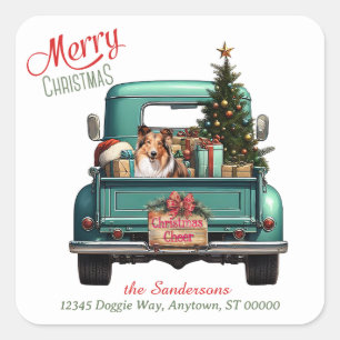 Shetland Sheepdog Retro Truck Christmas Square Sticker